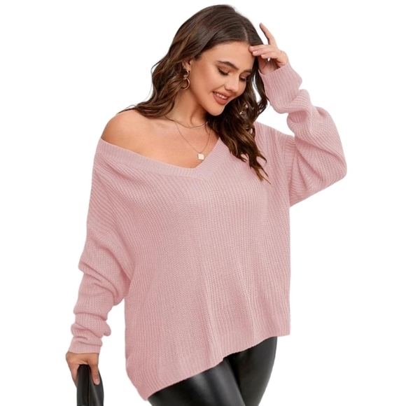 Shein Curve | Women's Baby Pink Wrap Cross Back Drop Shoulder Sweater (Size 0X) - Picture 2 of 12